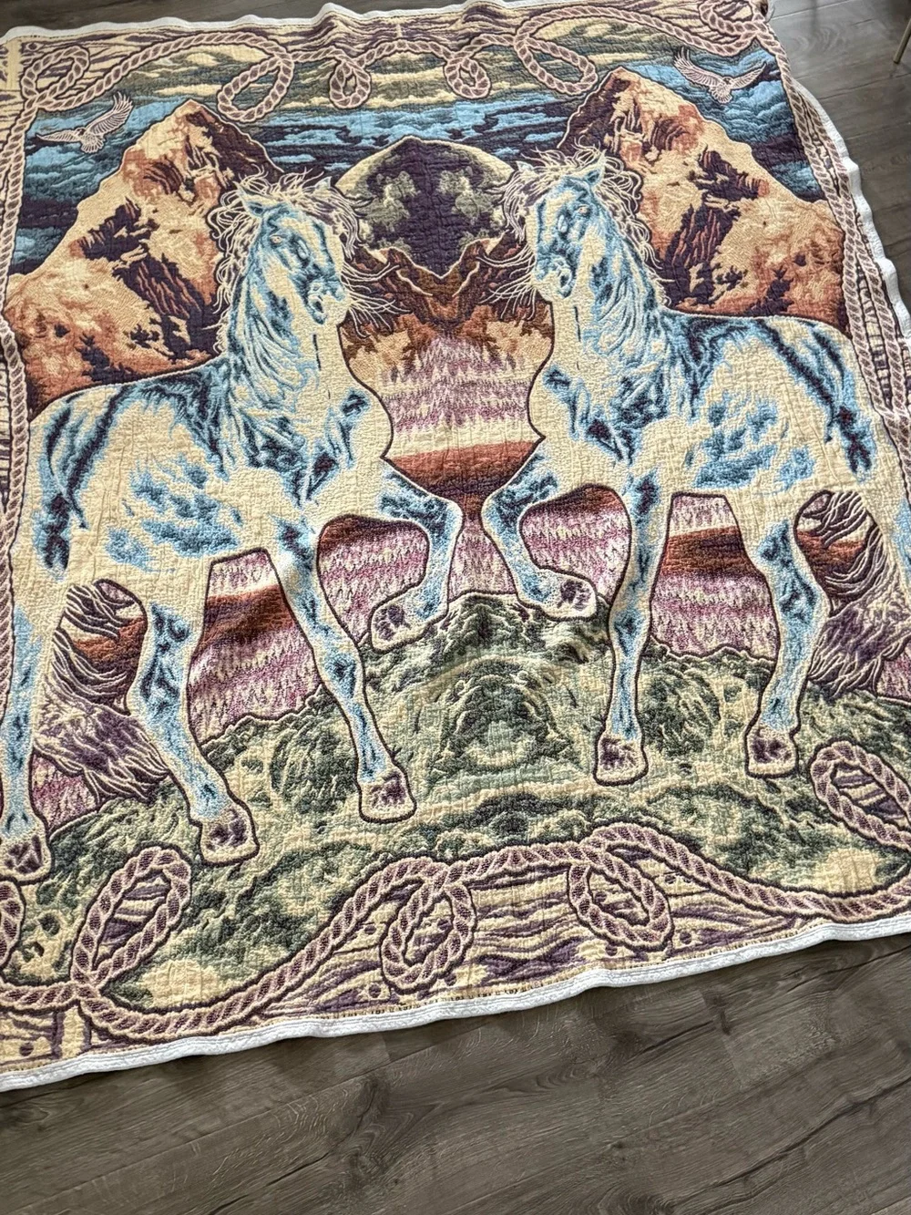 Mirrored Horse Woven Throw Blanket – Multicolor Cream & Blue